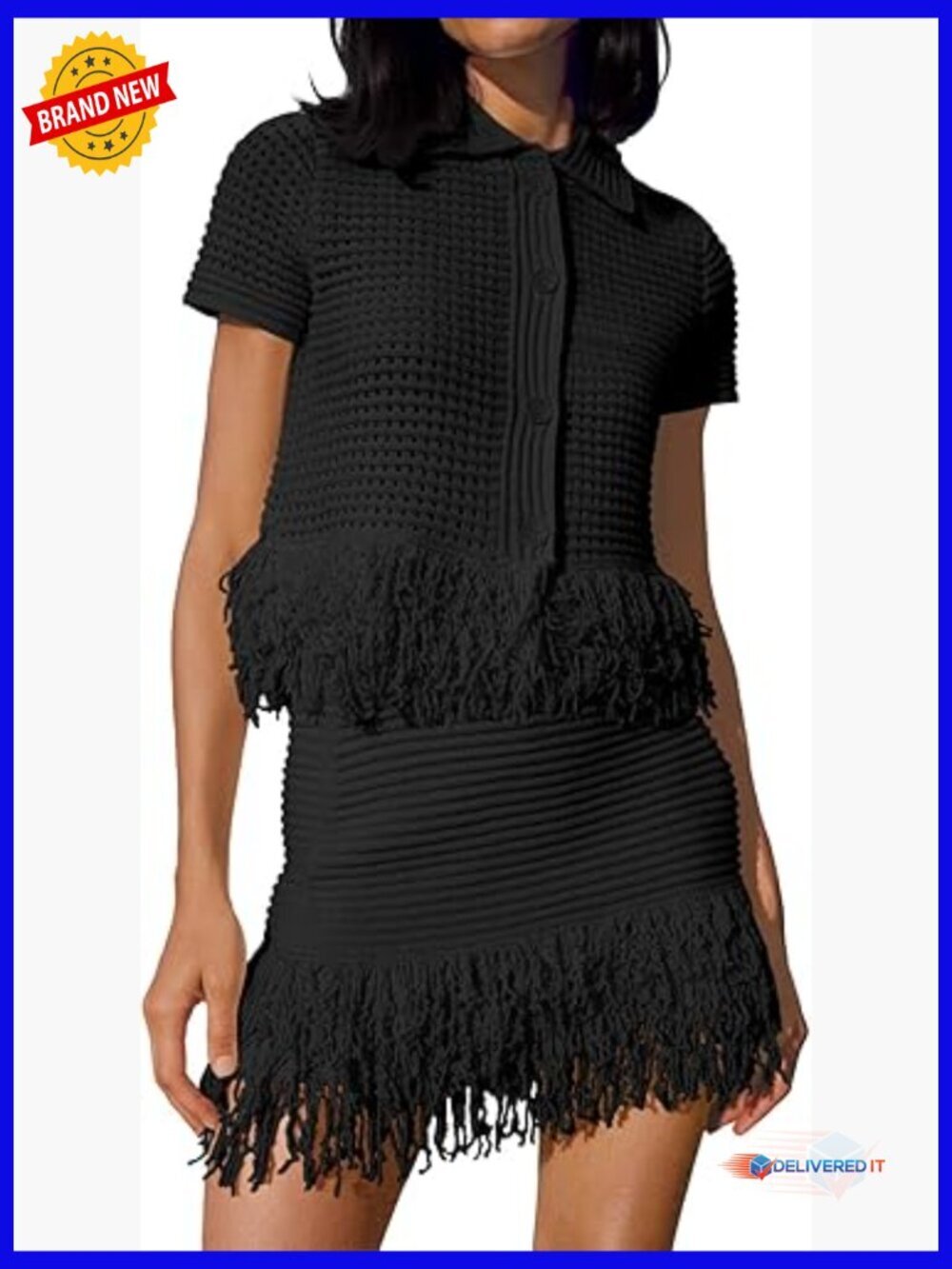 2 Piece Crochet Outfits Short Sleeve Button Knit Sweater Tops Fringe Skirt